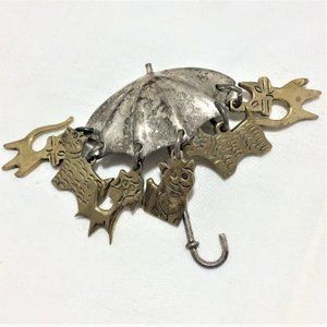 Sterling Brass Raining Cats and Dogs Brooch